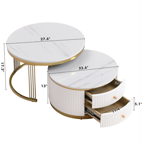Modern 2-piece White Circular Nested Coffee Table With Drawers, 27.6 Inches